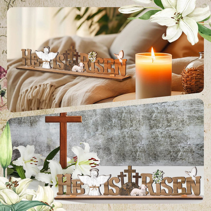 Christianartworkshop "He Is Risen" & Lamb & Angel & Dove Wooden Easter Dekstop Decor Ornament