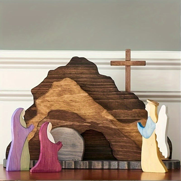 Christianartworkshop He is Risen Cross and Angels Wooden Easter Dekstop Decor Ornament