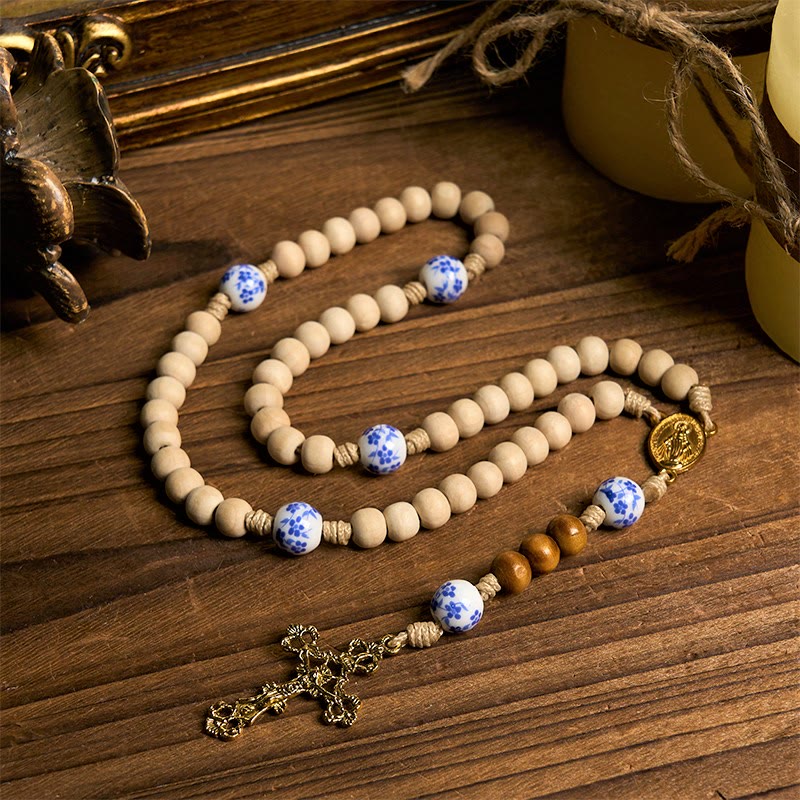 Christianartworkshop PRAYERFUL FAITH: Handmade Wooden Ceramics Beads Miraculous Medal Rosary - image 2