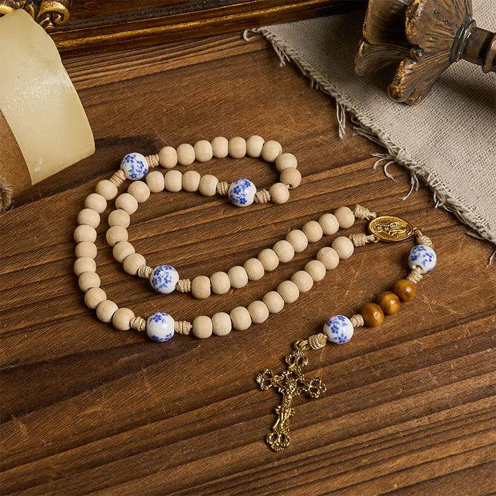 Christianartworkshop PRAYERFUL FAITH: Handmade Wooden Ceramics Beads Miraculous Medal Rosary - image 9