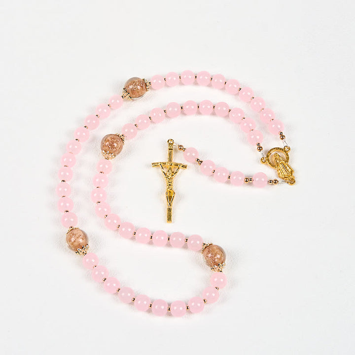 Christianartworkshop PRAYERFUL FAITH: Handmade Pink Chalcedony & Porcelain Golden Sand Beads Rosary - image 10