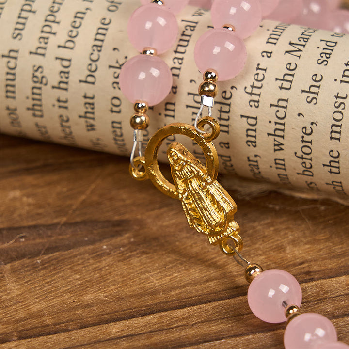 Christianartworkshop PRAYERFUL FAITH: Handmade Pink Chalcedony & Porcelain Golden Sand Beads Rosary - image 7