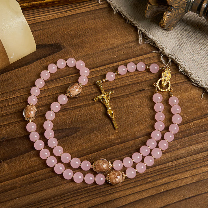Christianartworkshop Handmade Pink Chalcedony & Porcelain Golden Sand Our Father Beads Prayer Rosary - image 9
