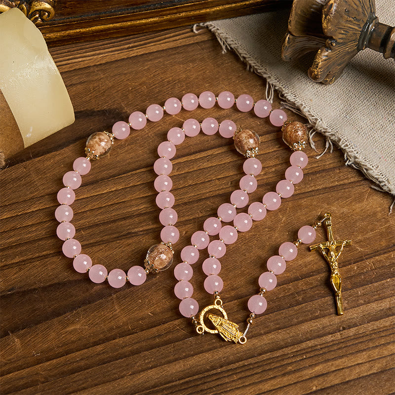 Christianartworkshop PRAYERFUL FAITH: Handmade Pink Chalcedony & Porcelain Golden Sand Beads Rosary - image 4