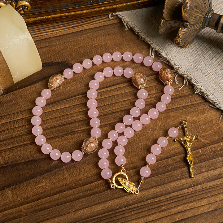 Christianartworkshop PRAYERFUL FAITH: Handmade Pink Chalcedony & Porcelain Golden Sand Beads Rosary - image 4