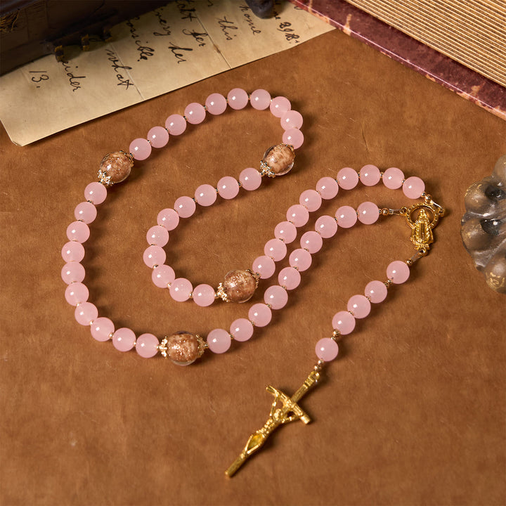 Christianartworkshop Handmade Pink Chalcedony & Porcelain Golden Sand Our Father Beads Prayer Rosary - Pink Chalcedony - image 0