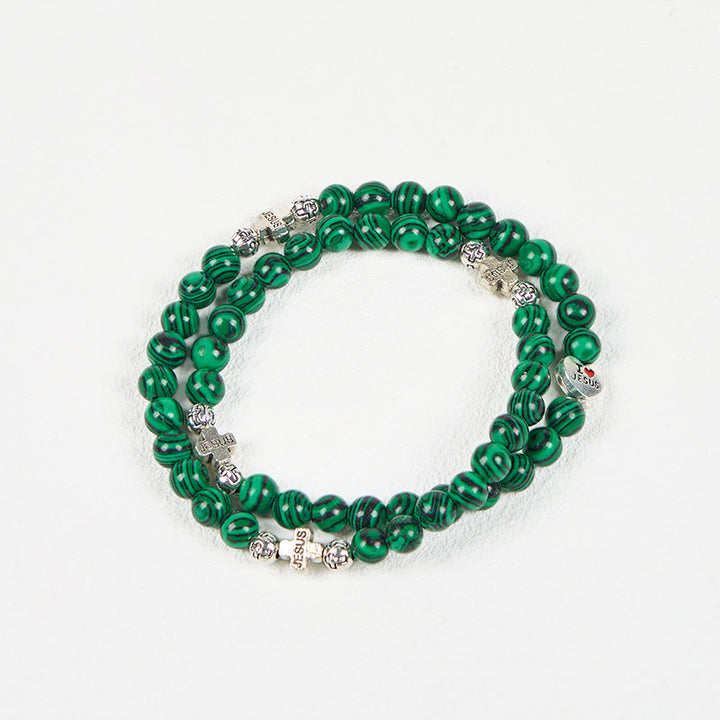 Christianartworkshop Green Malachite Beads Cross I Love Jesus Faith Rosary Bracelet