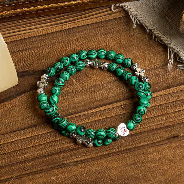 Christianartworkshop Green Malachite Beads Cross I Love Jesus Faith Rosary Bracelet