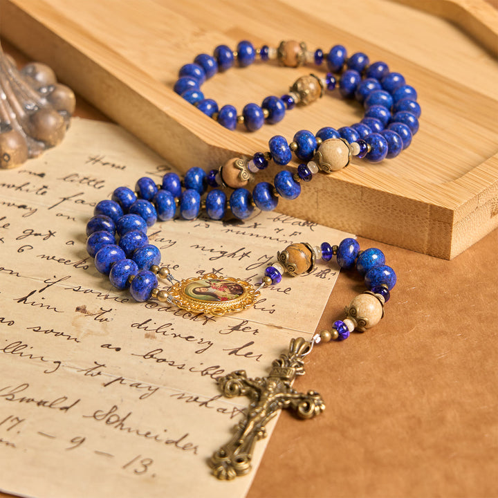 Christianartworkshop Handmade St. Therese of Lisieux Medal & Crucifix 8*10mm Oblate Lapis Lazuli & Map Stone Rosary - image 4