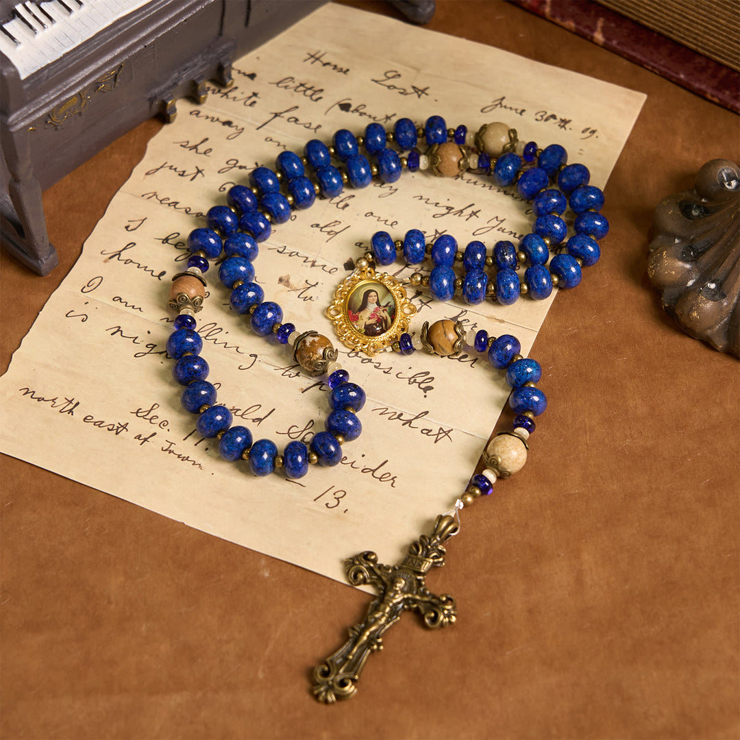 Christianartworkshop Handmade St. Therese of Lisieux Medal & Crucifix 8*10mm Oblate Lapis Lazuli & Map Stone Rosary - Lapis Lazuli Abacus Beads - image 1