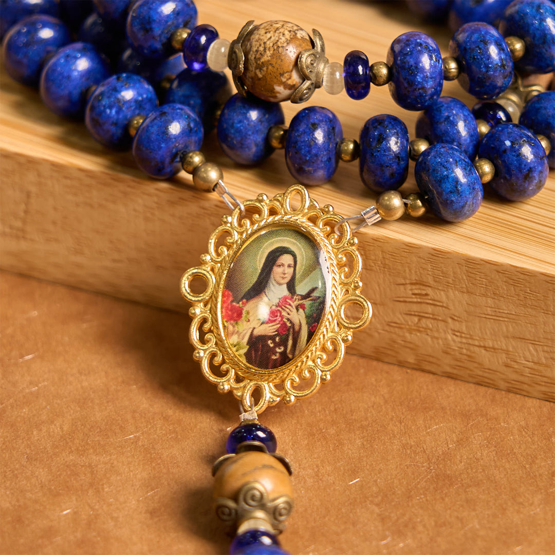 Christianartworkshop Handmade St. Therese of Lisieux Medal & Crucifix 8*10mm Oblate Lapis Lazuli & Map Stone Rosary - image 5