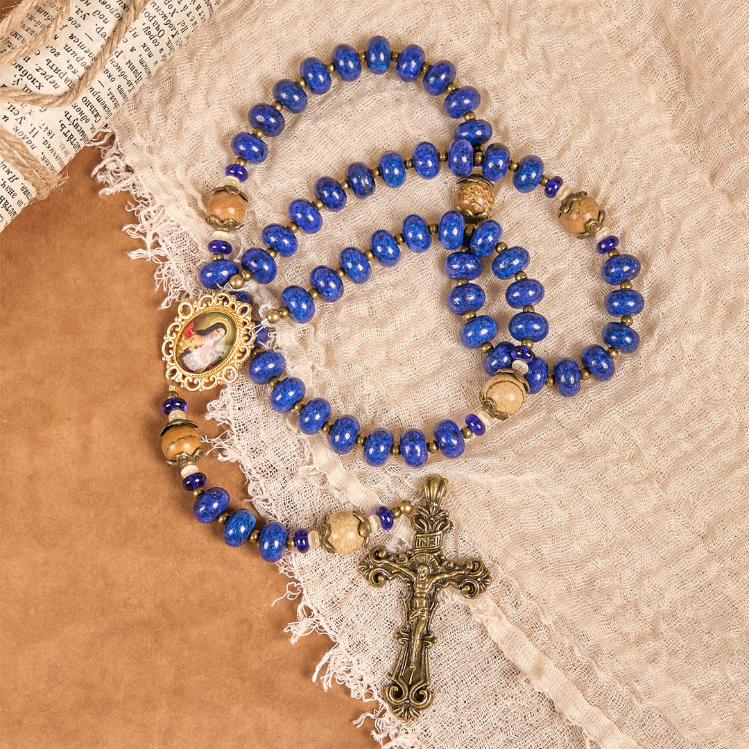 Christianartworkshop Handmade St. Therese of Lisieux Medal & Crucifix 8*10mm Oblate Lapis Lazuli & Map Stone Rosary - image 8