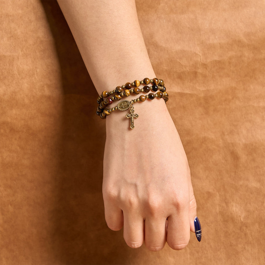 Christianartworkshop PRAYERFUL FAITH: Handmade Tiger's Eye Stone Elastic Rosary Bracelet