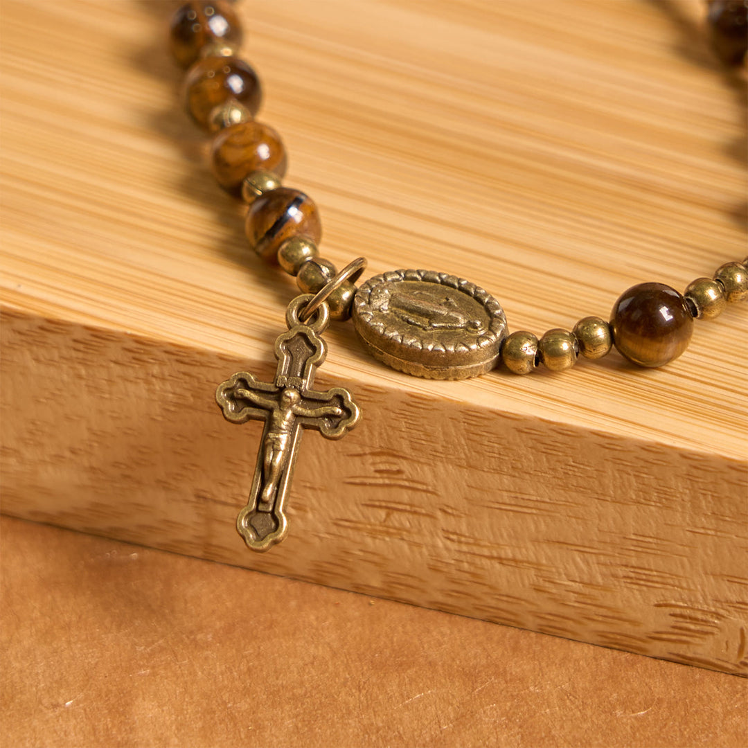Christianartworkshop PRAYERFUL FAITH: Handmade Tiger's Eye Stone Elastic Rosary Bracelet - image 6