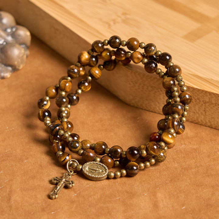Christianartworkshop PRAYERFUL FAITH: Handmade Tiger's Eye Stone Elastic Rosary Bracelet