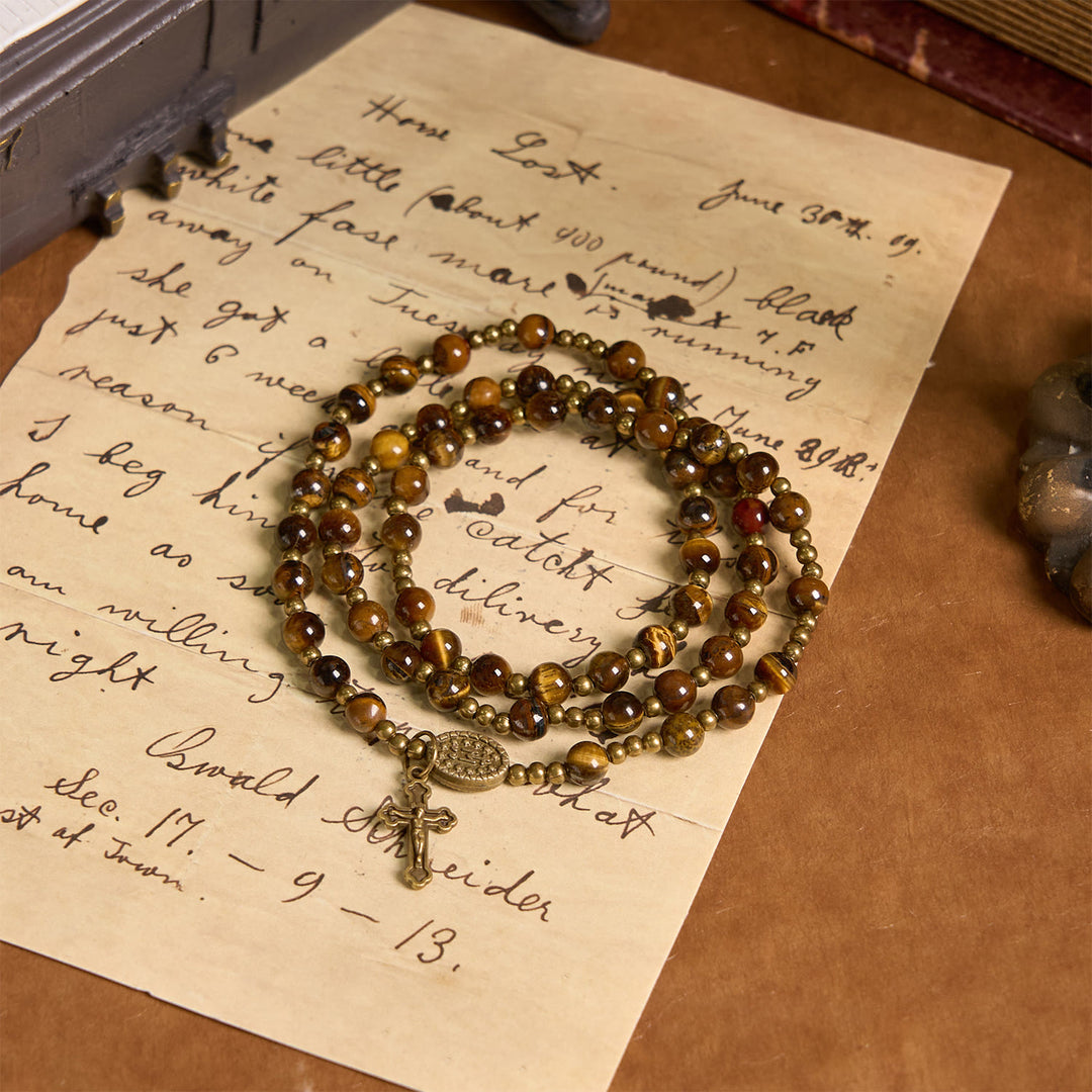 Christianartworkshop PRAYERFUL FAITH: Handmade Tiger's Eye Stone Elastic Rosary Bracelet