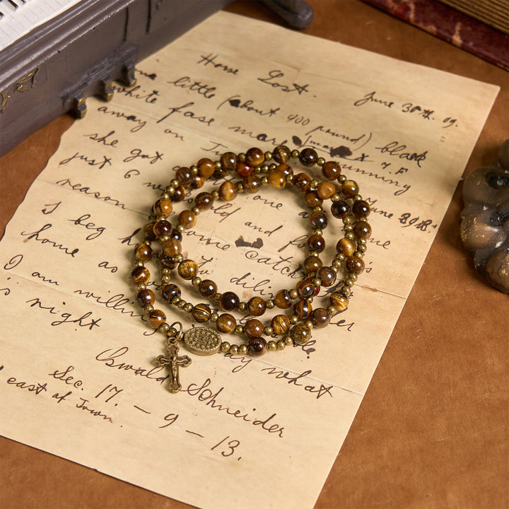 Christianartworkshop PRAYERFUL FAITH: Handmade Tiger's Eye Stone Elastic Rosary Bracelet