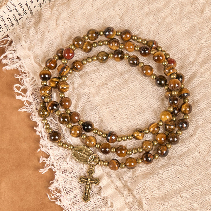 Christianartworkshop PRAYERFUL FAITH: Handmade Tiger's Eye Stone Elastic Rosary Bracelet - image 7