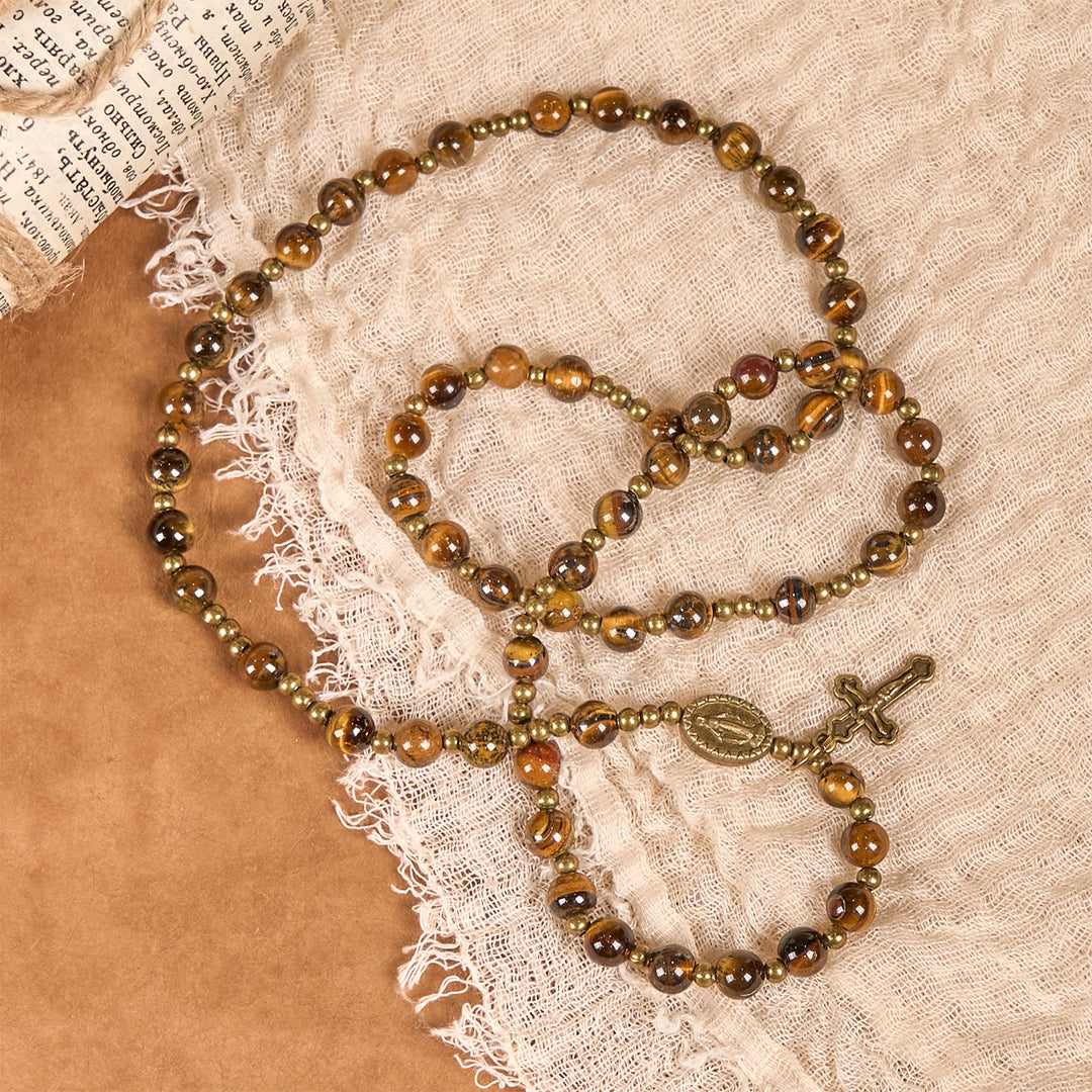 Christianartworkshop PRAYERFUL FAITH: Handmade Tiger's Eye Stone Elastic Rosary Bracelet