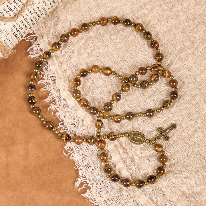 Christianartworkshop PRAYERFUL FAITH: Handmade Tiger's Eye Stone Elastic Rosary Bracelet - image 4