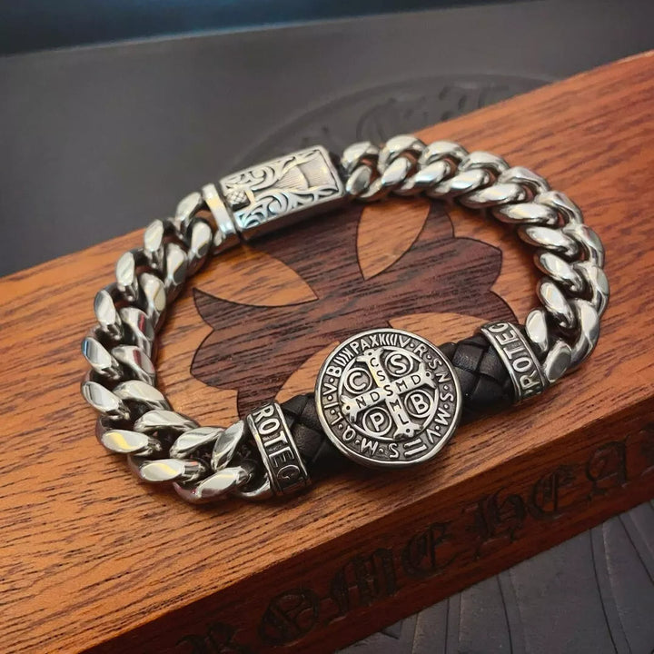 Christianartworkshop Classic & Vintage Style St. Benedict Badge Bracelet: Engraved with the Holy Mark