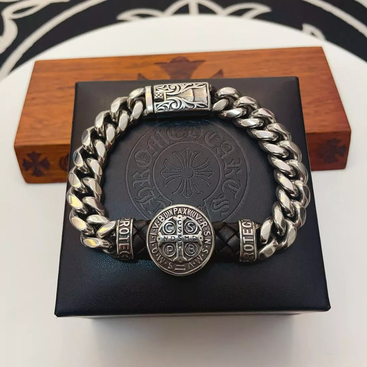 Christianartworkshop Classic & Vintage Style St. Benedict Badge Bracelet: Engraved with the Holy Mark