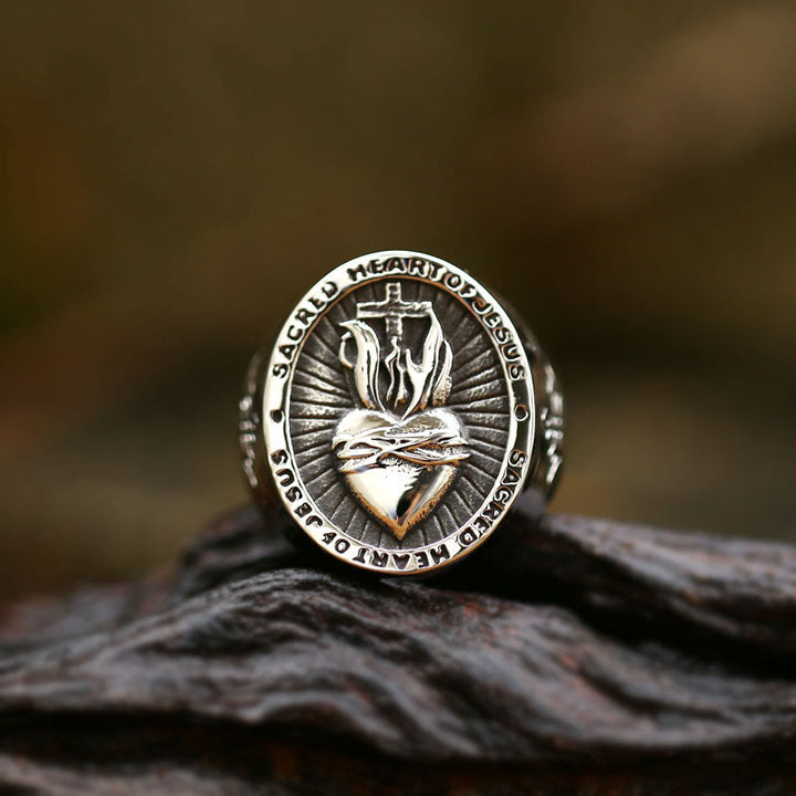 Christianartworkshop 3 Colors Sacred Heart Of Jesus Cross Faith Spirit Blessing Ring - Metallic - US 13 - image 0