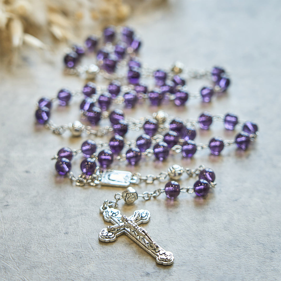 FREE Today: Clear Purple Glass Beads Devotion Rosary with Rose Our Father Beads