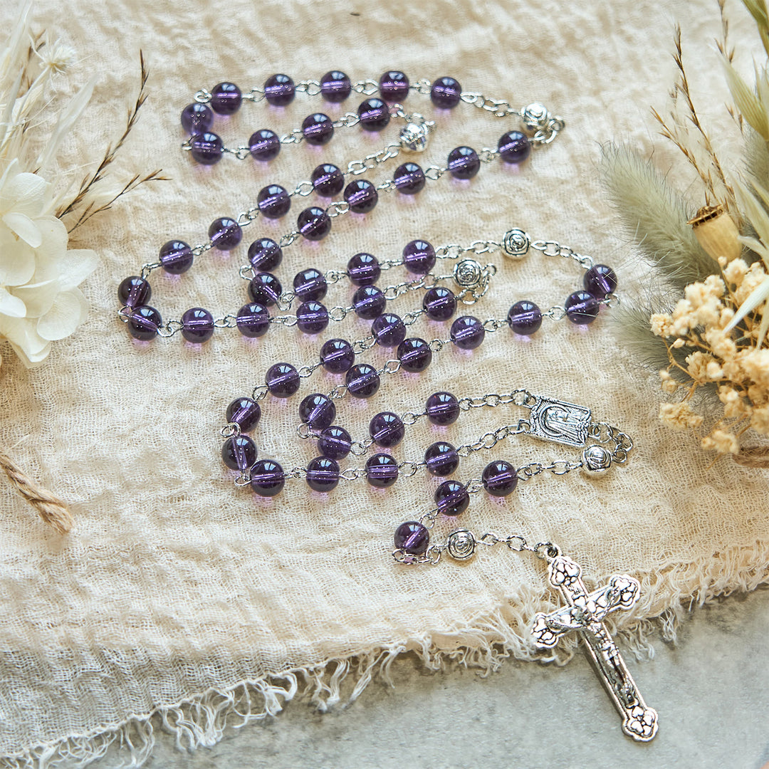 FREE Today: Clear Purple Glass Beads Devotion Rosary with Rose Our Father Beads