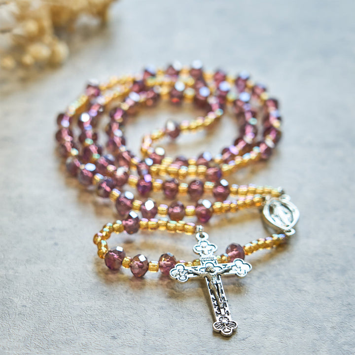 Christianartworkshop Handmade Crucifix Purple Crystal & Glass Our Lady Beads Divine Grace Rosary