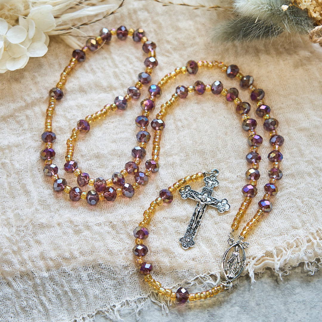 Christianartworkshop Handmade Crucifix Purple Crystal & Glass Our Lady Beads Divine Grace Rosary