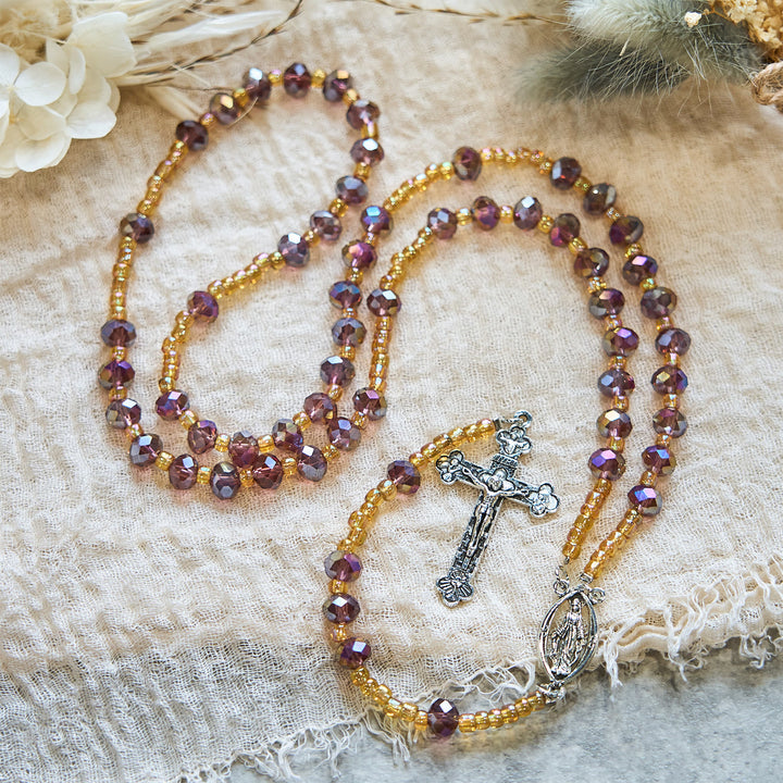 Christianartworkshop Handmade Crucifix Purple Crystal & Glass Our Lady Beads Divine Grace Rosary