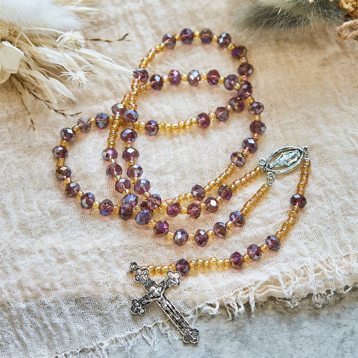 Christianartworkshop Handmade Crucifix Purple Crystal & Glass Our Lady Beads Divine Grace Rosary