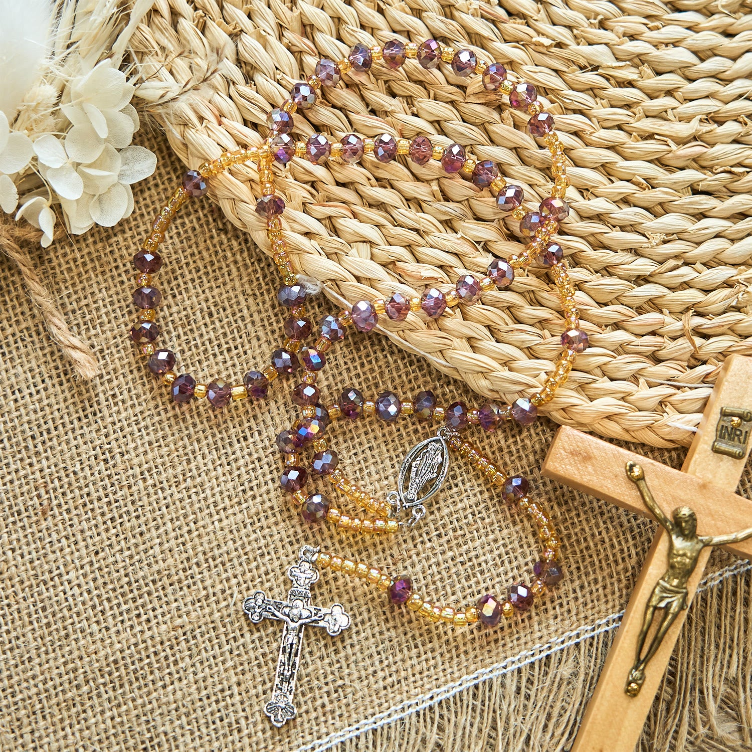 Handmade Purple Crystal & Glass Rosary with Crucifix & Our Lady