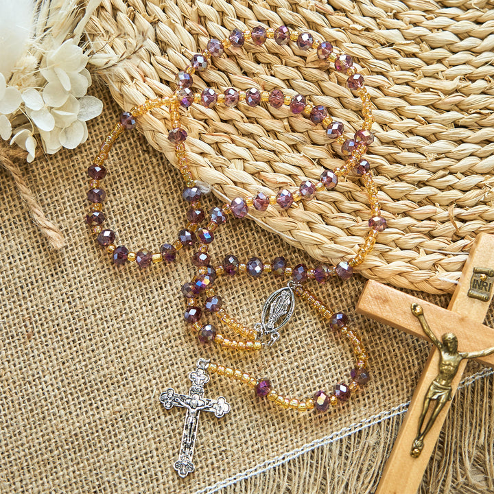 Christianartworkshop Handmade Crucifix Purple Crystal & Glass Our Lady Beads Divine Grace Rosary