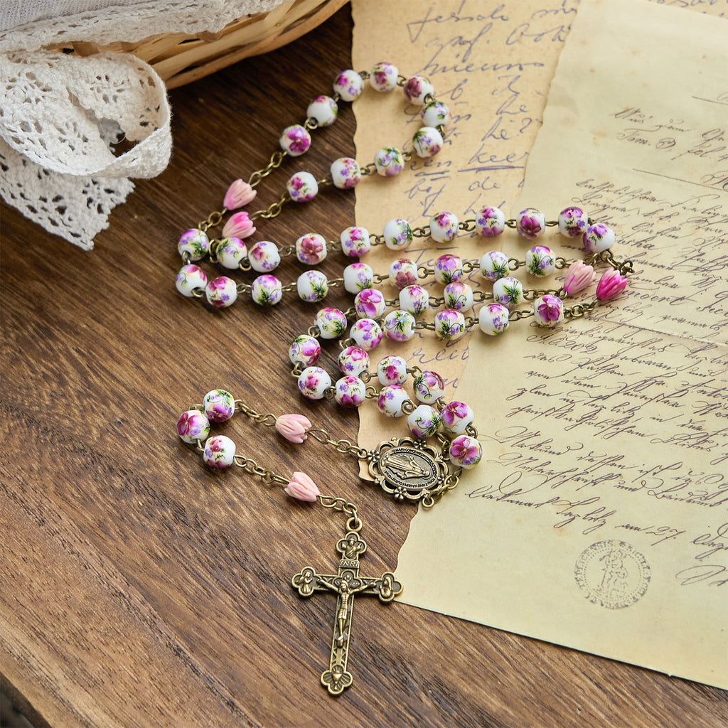Handmade 5-Decade Rosary – 8mm Purple Floral Ceramic Beads with