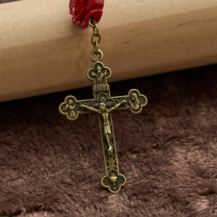 Christianartworkshop Miraculous Medal & Crucifix of 8mm Ceramic Beads & Rose Cinnabar Beads Handmade Rosary