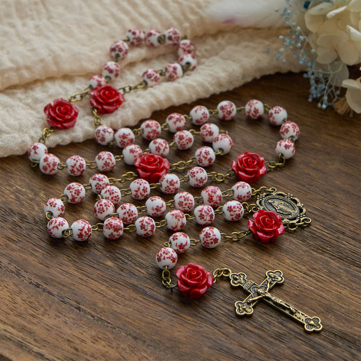 FREE Today: Miraculous Medal & Crucifix of 8mm Ceramic Beads & Rose Cinnabar Beads Handmade Rosary - image 1