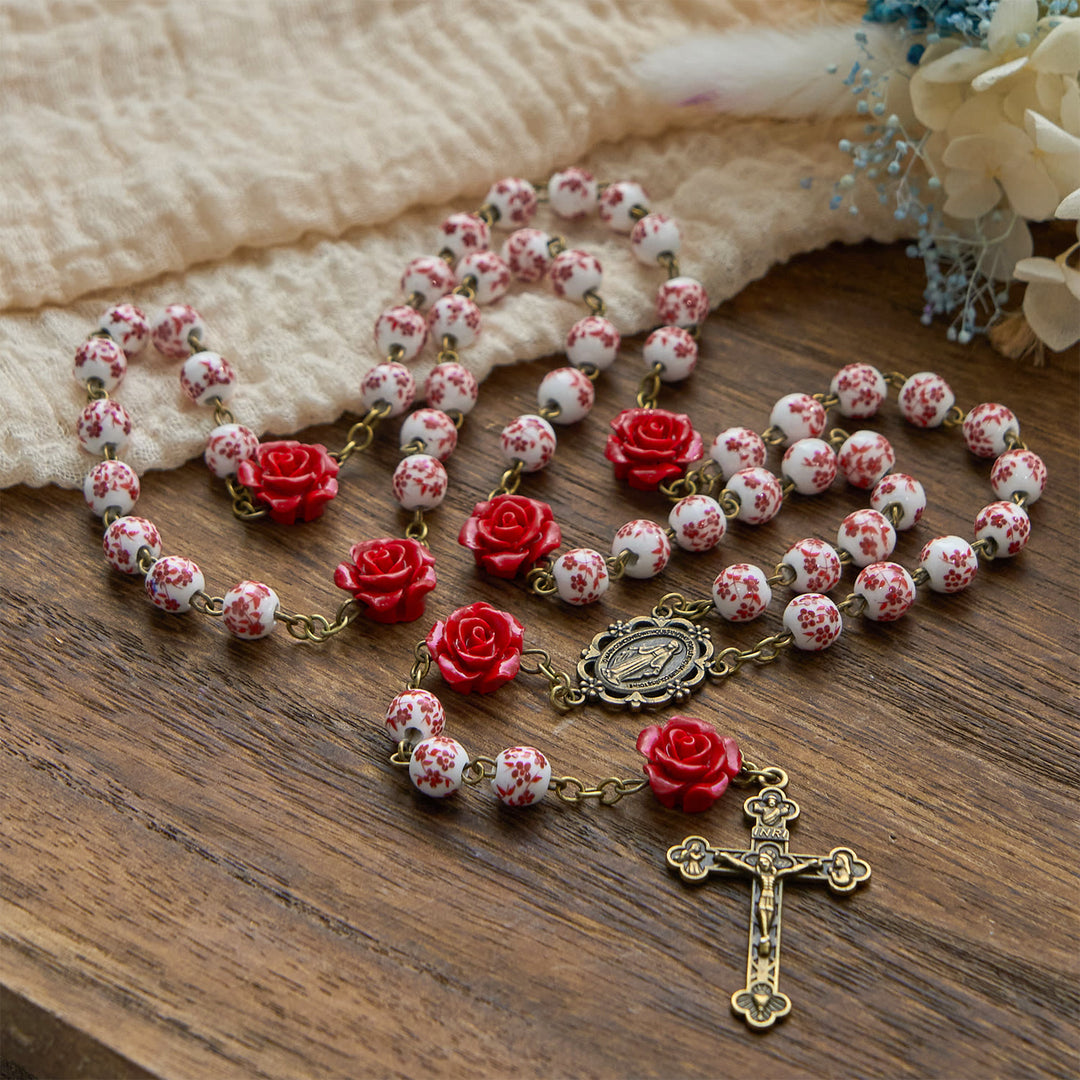 FREE Today: Miraculous Medal & Crucifix of 8mm Ceramic Beads & Rose Cinnabar Beads Handmade Rosary - Miraculous Medal & Crucifix - image 0