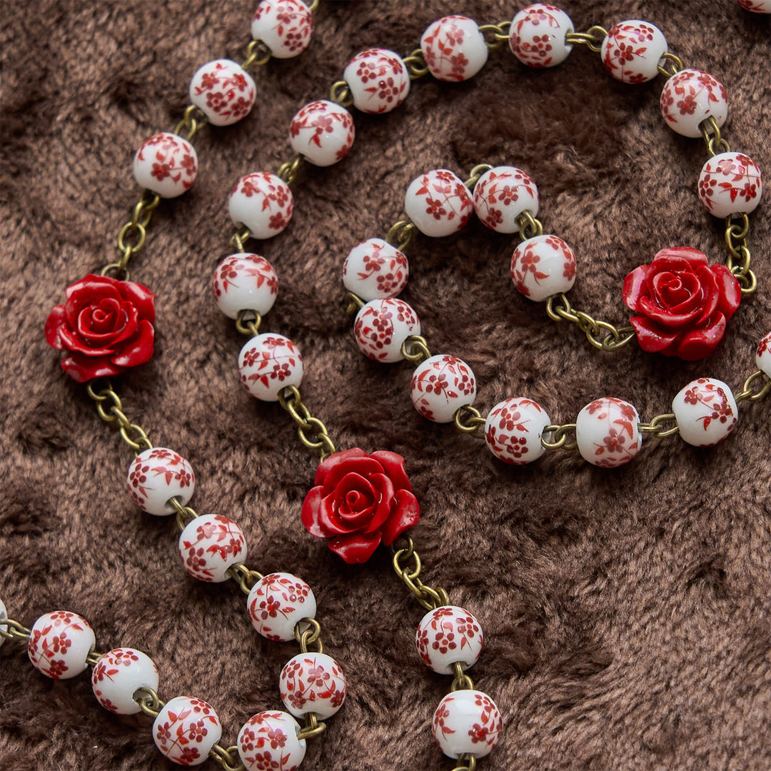 Christianartworkshop Miraculous Medal & Crucifix of 8mm Ceramic Beads & Rose Cinnabar Beads Handmade Rosary