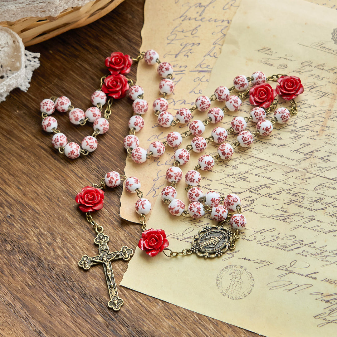 FREE Today: Miraculous Medal & Crucifix of 8mm Ceramic Beads & Rose Cinnabar Beads Handmade Rosary - image 4