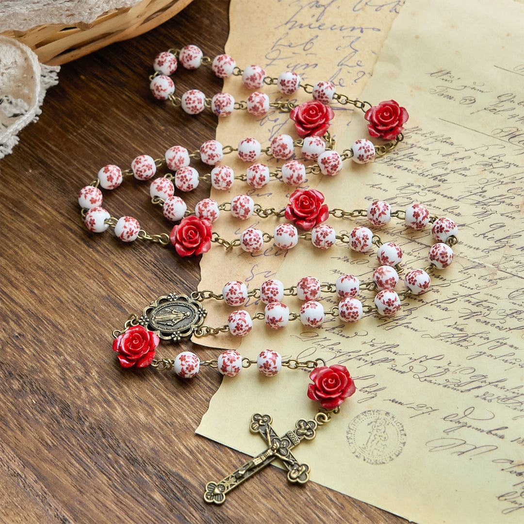 FREE Today: Miraculous Medal & Crucifix of 8mm Ceramic Beads & Rose Cinnabar Beads Handmade Rosary - image 3