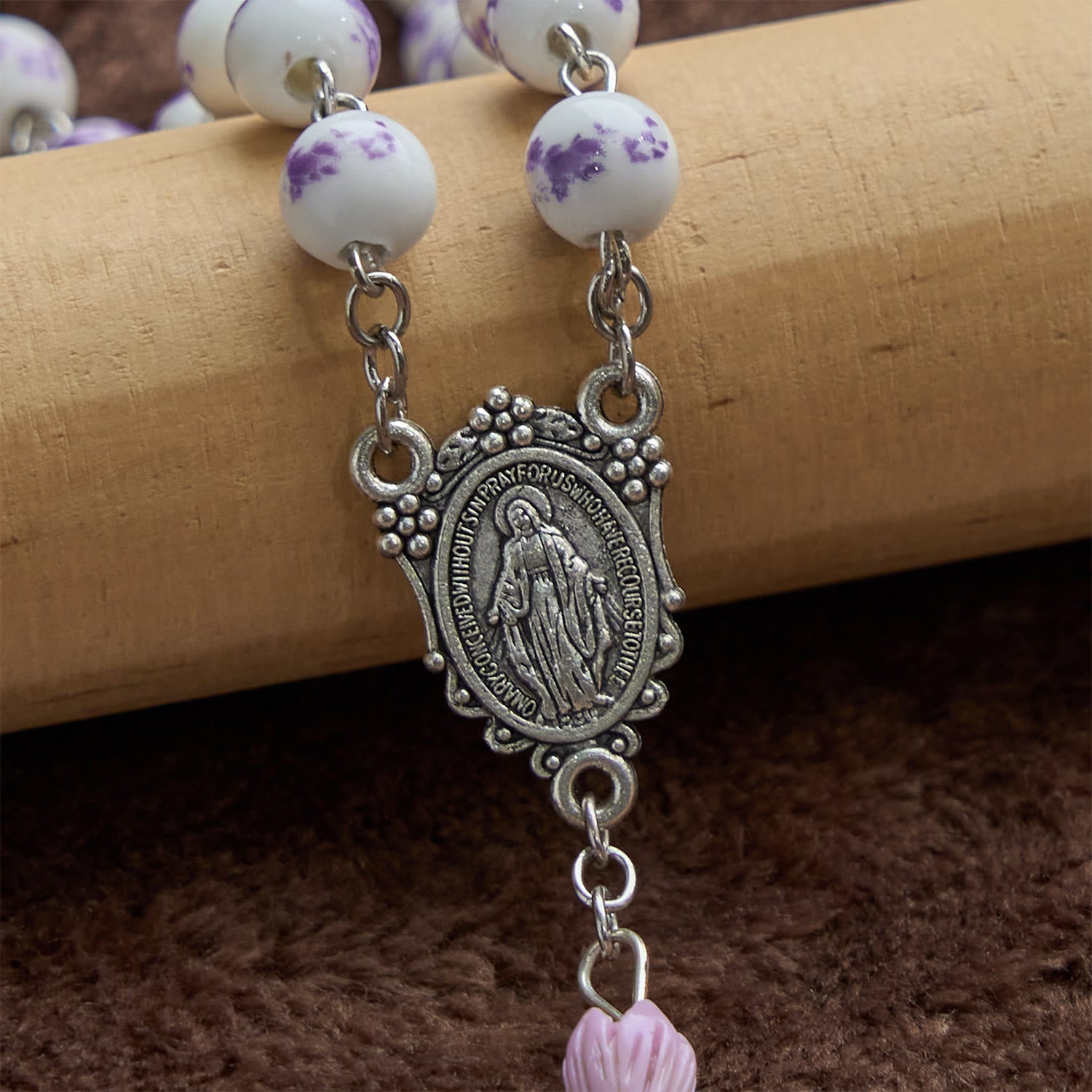 Handmade 8mm Purple Floral Ceramic Rosary with Miraculous Medal