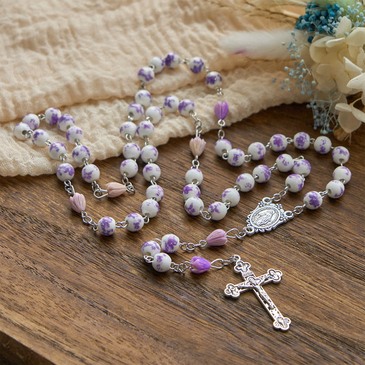Christianartworkshop Miraculous Medal & Crucifix of 8mm Ceramics Beads Handmade Rosary
