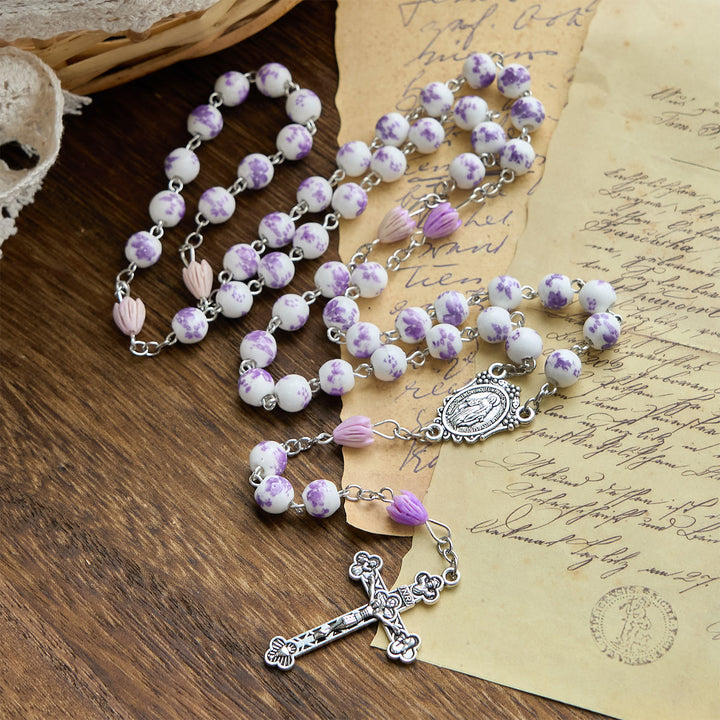Christianartworkshop Miraculous Medal & Crucifix of 8mm Ceramics Beads Handmade Rosary