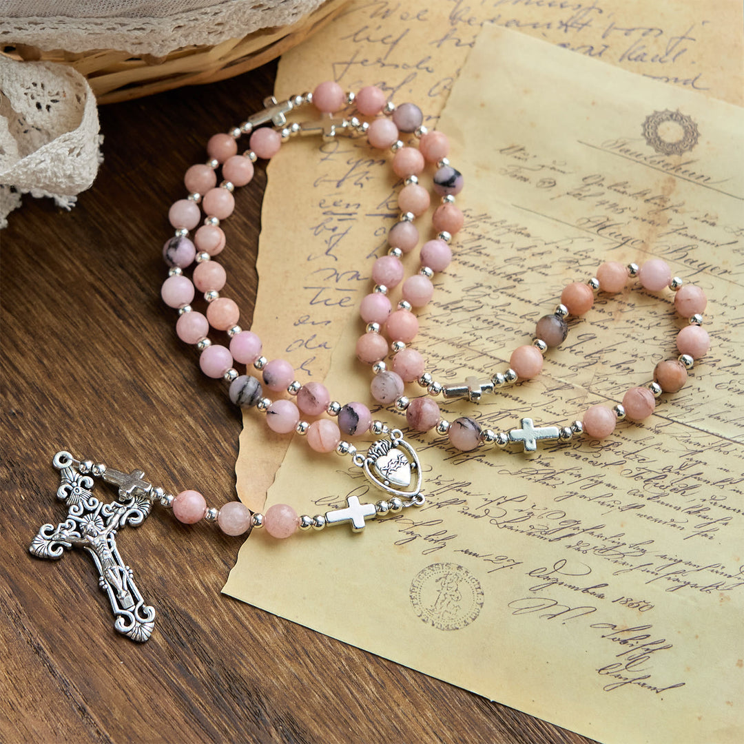 FREE Today: Handmade Rosary with Pink Round Beads & Crucifix – A Floral Tribute to the Sacred Heart - image 1