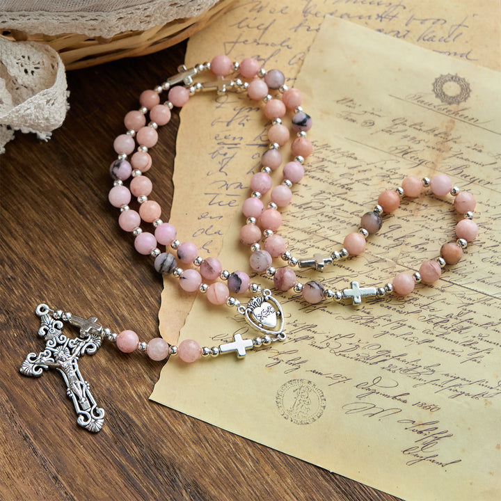 FREE Today: Handmade Rosary with Pink Round Beads & Crucifix – A Floral Tribute to the Sacred Heart - image 1