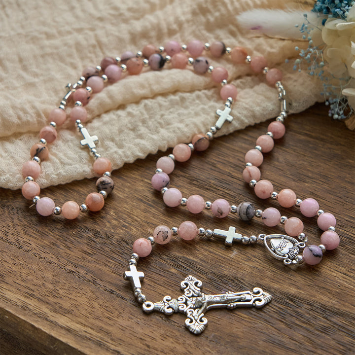 FREE Today: Handmade Rosary with Pink Round Beads & Crucifix – A Floral Tribute to the Sacred Heart - image 2