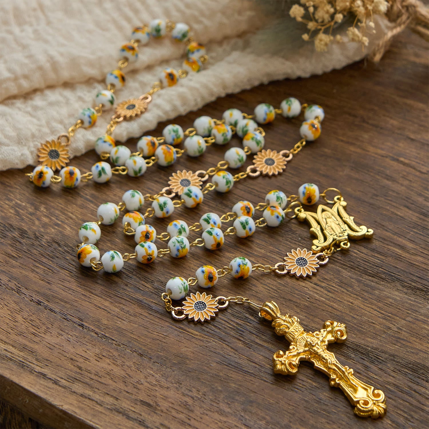 Handmade Sunflower Rosary with Miraculous Medal – Yellow Ceramic