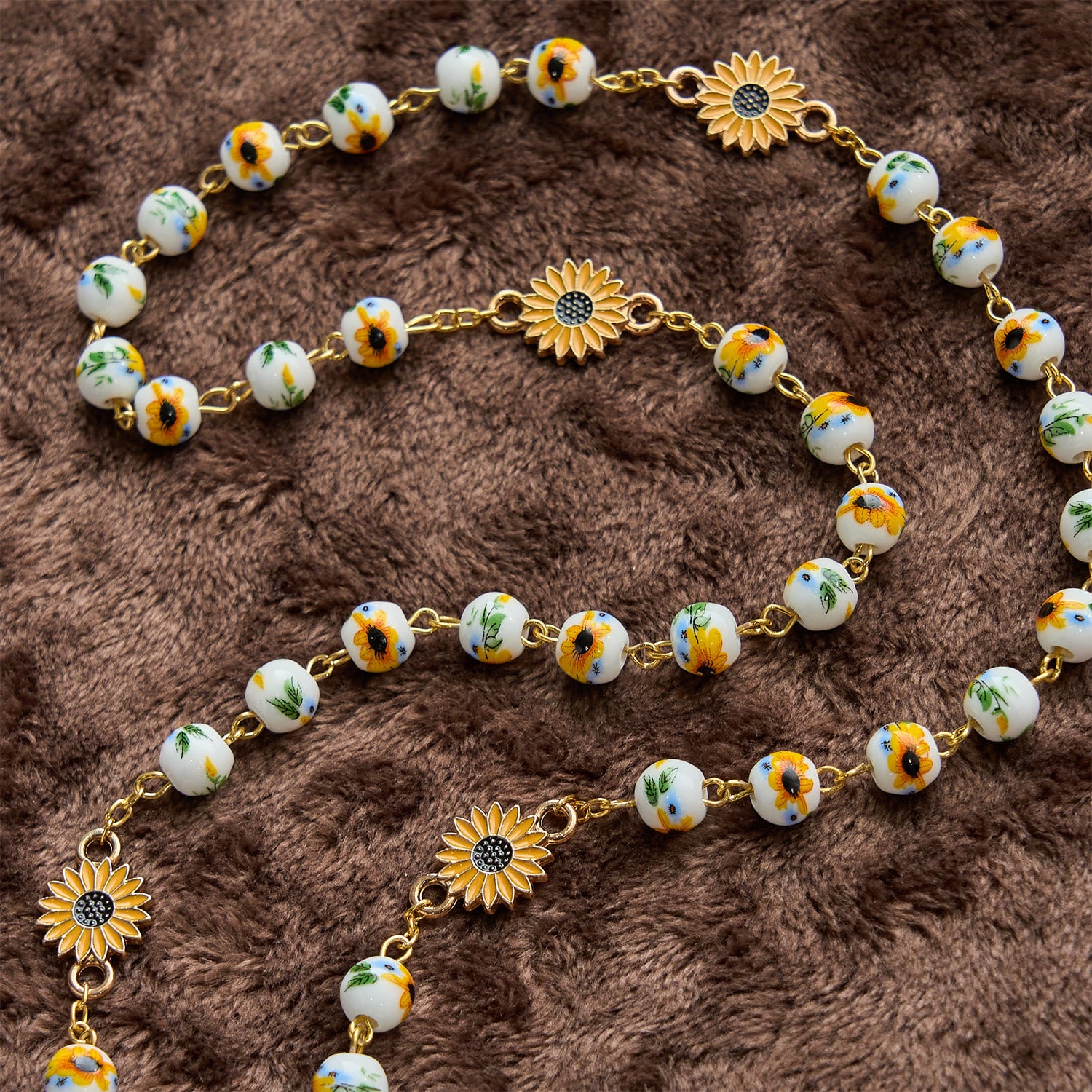 Handmade Sunflower Rosary with Miraculous Medal – Yellow Ceramic
